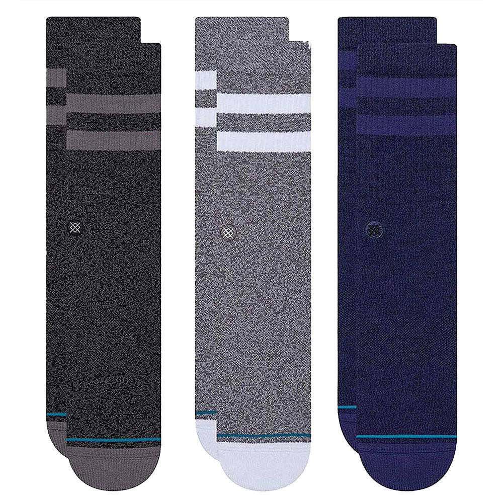Three pairs of STANCE SOCKS THE JOVEN 3 PACK GREY LARGE in different shades of grey and blue.