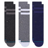 Three pairs of STANCE SOCKS THE JOVEN 3 PACK GREY LARGE in different shades of grey and blue.