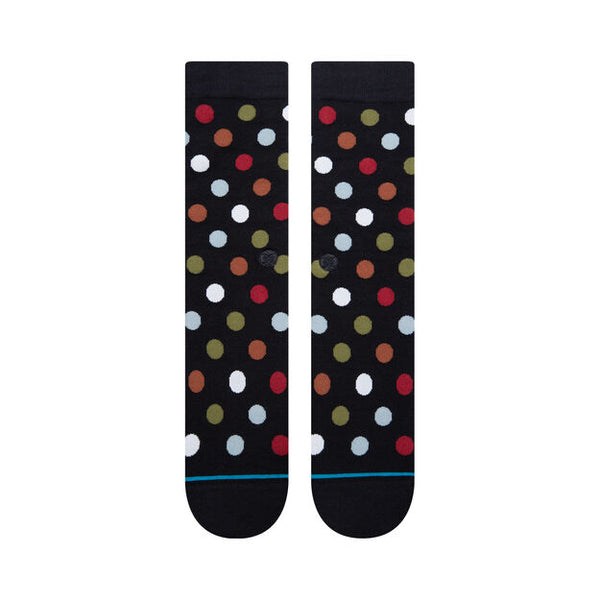 A pair of STANCE socks in the TRANCE BLACK LARGE style with multicolored dots.