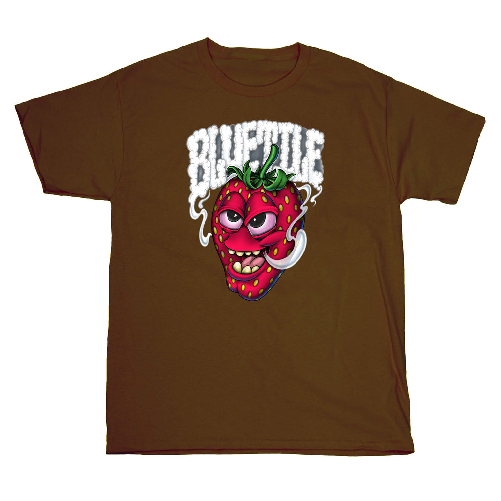 A BLUETILE MAGIC BERRY CHOCOLATE BROWN t-shirt with a berry on it from Bluetile Skateboards.