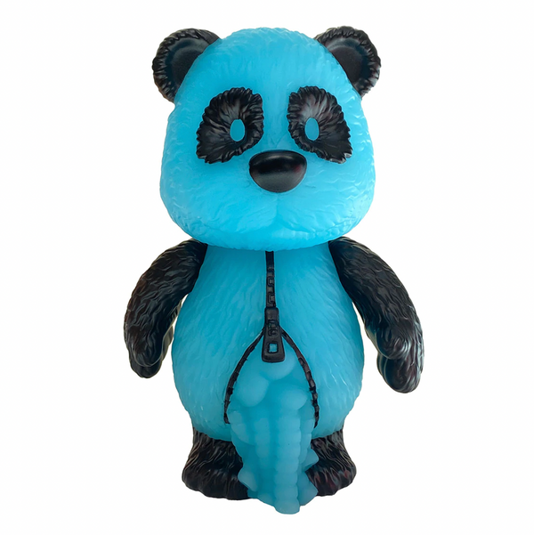 The STRANGE LOVE PANDA BLUE GLOW VINYL TOY by strange love is a 6-inch tall panda bear figurine featuring a blue and black color scheme, a zipper design on its chest with a dinosaur figure emerging from it. This vinyl toy is crafted with meticulous attention to detail, making it an ideal choice for collectors who appreciate unique designs.