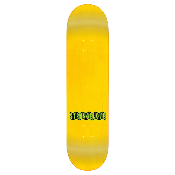 A STRANGELOVE TODD BRATRUD GARGOYLE skateboard with a green line on the bottom of it.