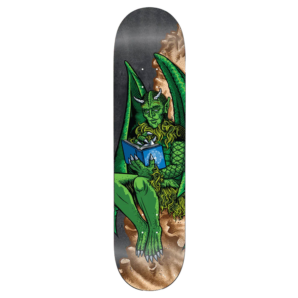 A STRANGELOVE Todd Bratrud Gargoyle skateboard with a drawing of a green dragon reading a book.