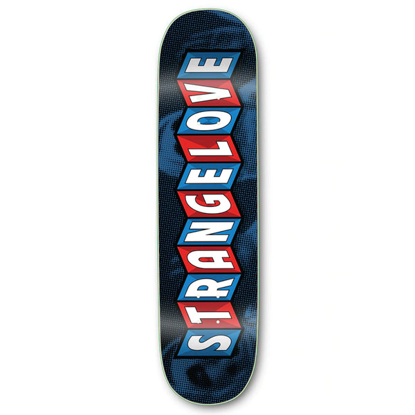 STRANGELOVE skateboard deck featuring the "CAROUSEL LOGO BLUE" design, with bold, red "STRANGELOVE" lettering on a dark background adorned with a subtle blue pattern by PS Stix.