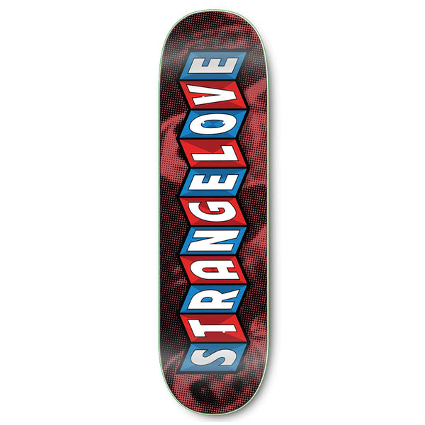 The STRANGELOVE "STRANGE LOVE CAROUSEL LOGO RED" skateboard deck features a striking red and black background with the word "StrangeLove" in bold, multi-colored block letters, reminiscent of a carousel.