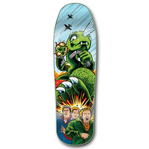 The STRANGE LOVE CHRIS PONTIUS *SIGNED skateboard deck by STRANGELOVE features an illustration of a giant green monster attacking a city, with jets flying overhead. Three shocked people are depicted in the foreground, capturing that classic STRANGE LOVE CODE BLUE vibe.