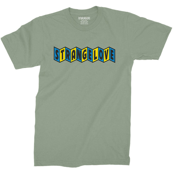 Introducing the STRANGELOVE CINELOGO OLIVE T-shirt from STRANGELOVE, featuring a light green olive color and "STRANGELOVE" printed in yellow and light blue with a 3D block style font on the front.