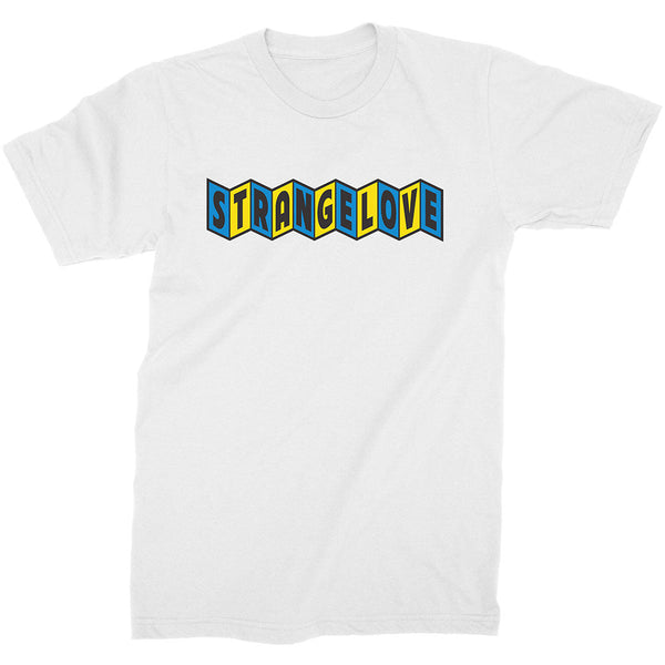 STRANGELOVE's STRANGE LOVE CINELOGO WHITE T-shirt features "STRANGE LOVE" in large, colorful block letters across the chest, reminiscent of a vintage cinema logo.