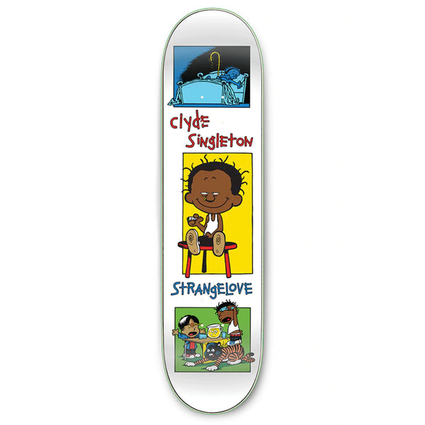 The STRANGE LOVE CLYDE SINGLETON *SIGNED skateboard deck by STRANGELOVE features colorful cartoon illustrations by Sean Cliver, showcasing a smiling child in the center, an octopus in a bed at the top, and two kids eating at the bottom. The text "STRANGE LOVE CLYDE SINGLETON" adds to its unique charm and artistic flair, making it a truly autographed piece.