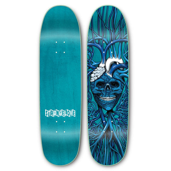 Two teal skateboard decks: one branded with "STRANGELOVE" text and the other, a Sean Cliver design featuring a skull, clouds, and twisting blue branches from the STRANGE LOVE CODE BLUE series.