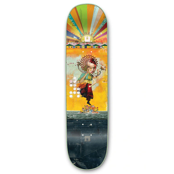 Introducing the STRANGE LOVE CARNIE GARBAGE PATCH KID skateboard deck from STRANGELOVE, showcasing vibrant artwork by Dave Carnie. The design features a central figure adorned with ornate headgear, set against rays, cityscapes, and an oceanic scene at the bottom. Meticulously crafted to precise skate deck dimensions using PS Stix quality.