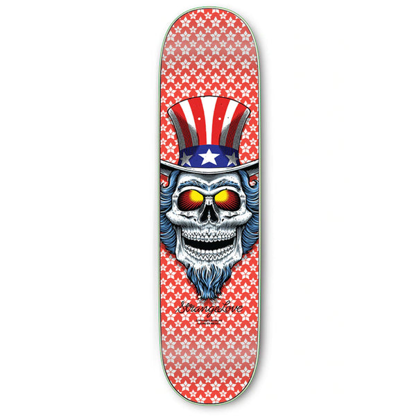 STRANGELOVE's limited edition FIRECRACKER RED skateboard deck *SIGNED features a skull in a top hat emblazoned with the American flag pattern against a red, star-patterned background, reminiscent of Sean Cliver's iconic designs for PS Stix.