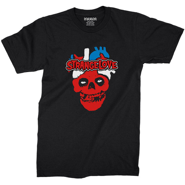STRANGE LOVE HEART SKULL BLACK T-shirt by STRANGELOVE featuring a red heart skull graphic and the text "StrangeLove" in vibrant red and blue.