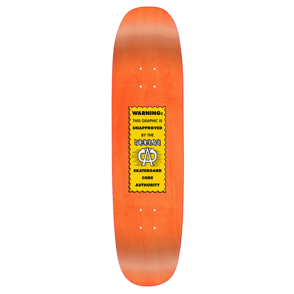 A StrangeLove Li'l Kali Metallic Gold skateboard with a yellow sticker on it.