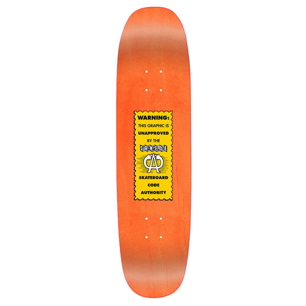 A StrangeLove Li'l Kali Metallic Gold skateboard with a yellow sticker on it.