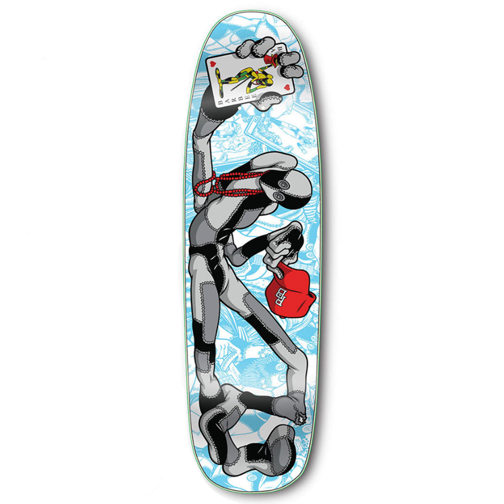 A STRANGE LOVE RAY BARBEE "LEGACY" *SIGNED skateboard with an image of a robot holding a card.