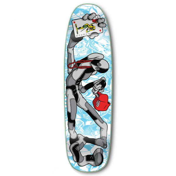 A STRANGE LOVE RAY BARBEE "LEGACY" *SIGNED skateboard with an image of a robot holding a card.