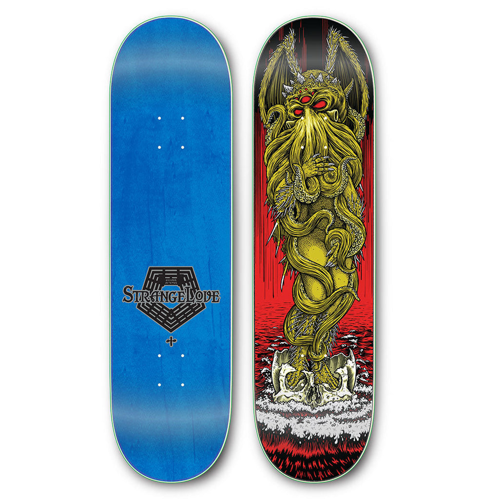 A Strangelove skateboard with an image of Strange Love Rebirth of Cthulhu on it.
