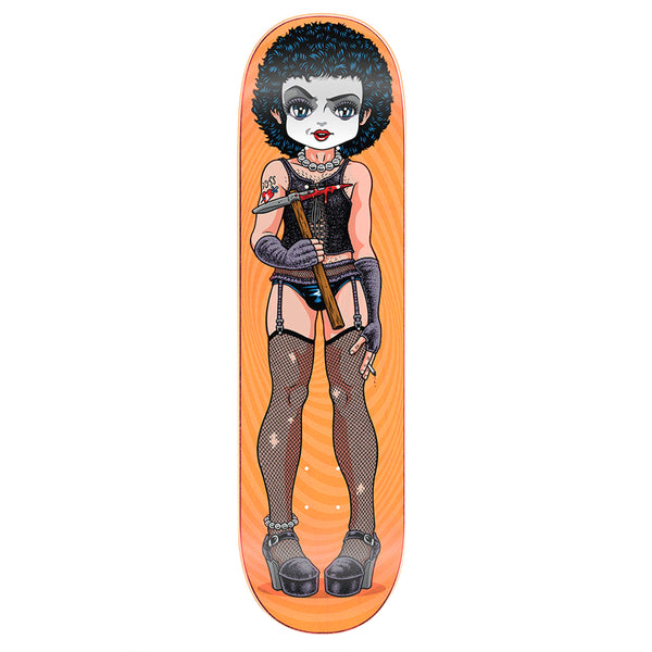This skateboard deck, titled STRANGE LOVE THE DOCTOR *SIGNED, showcases Sean Cliver artwork depicting a character in a black outfit, fishnet stockings, high-heeled shoes, and gloves set against an orange background. Expertly crafted by PS Stix manufacturing, this piece from STRANGELOVE is a standout addition to any collection.