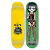 Two skateboard decks. The left deck is yellow with the text "Sci-Fi Double Feature." The right deck, named STRANGE LOVE THE DOCTOR *SIGNED by STRANGELOVE, features Sean Cliver artwork of a person in fishnets and platform shoes holding a staff against a green background, manufactured by PS Stix.