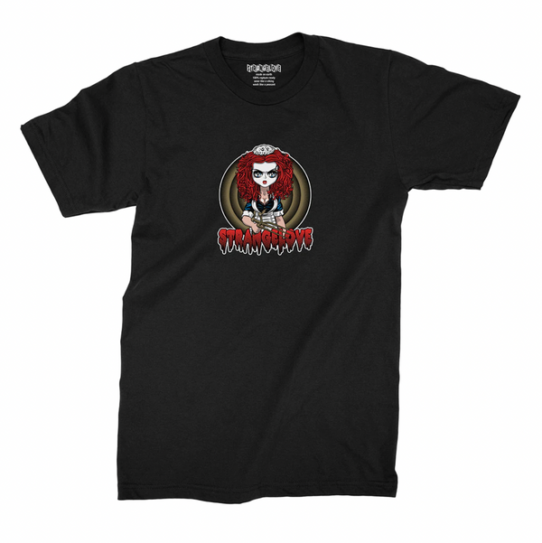 A STRANGELOVE Strange The Maid T-Shirt Black with a picture of a clown on it.