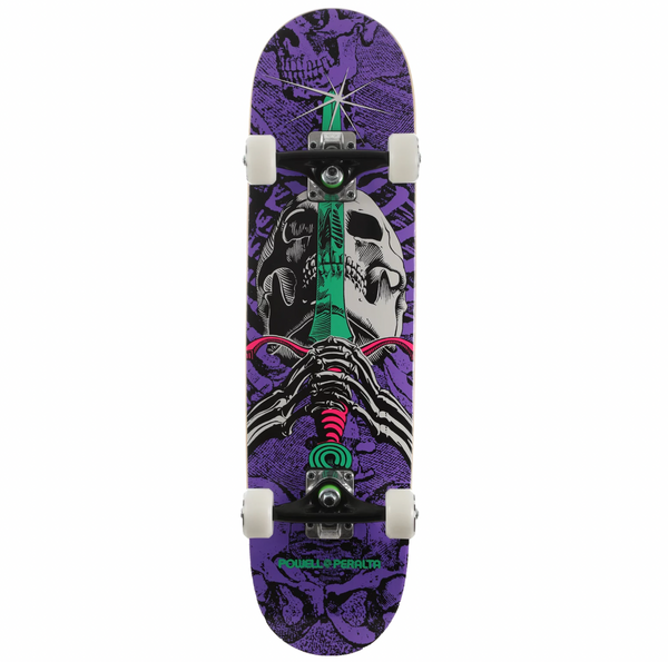 A POWELL PERALTA SKULL AND SWORD COMPLETE PURPLE skateboard with a skull and crossbones design.