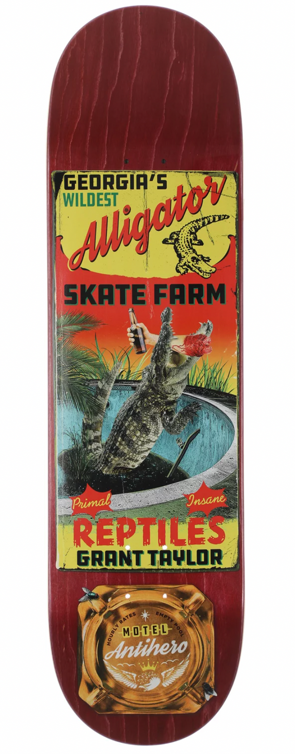 George Williams runs an alligator skate farm known for its vibrant red color. The farm showcases a diverse collection of decks, including the popular ANTIHERO brand. Additionally, visitors can find a unique selection of ANTI HERO TAYLOR MOTEL decks.