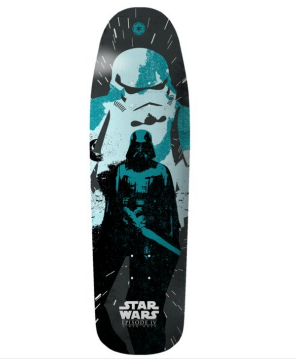 The ELEMENT STARWARS 80'S STORMTROOPER skateboard deck by ELEMENT is 9.25" wide and features stylized images of Darth Vader and a Stormtrooper with the "Star Wars Episode IV" logo at the bottom.