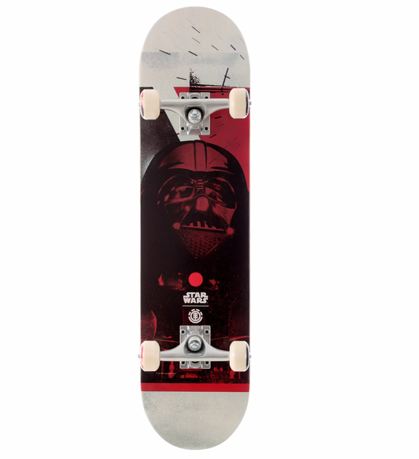 The ELEMENT STARWARS VADER COMPLETE by ELEMENT features a bold Darth Vader graphic, white wheels, and silver trucks—perfect for fans seeking both Star Wars style and top skateboard performance.