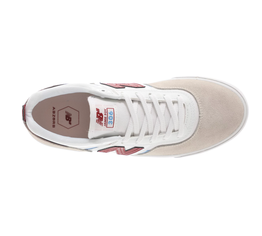 Description: A white and red NB NUMERIC FOY 306 sneaker.