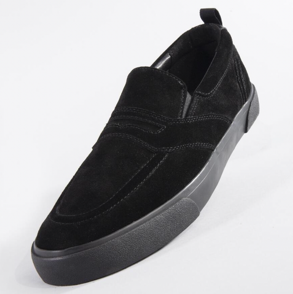 A HOURS IS YOURS COHIBA SL30 BLACK / BLACK slip-on shoe made of suede on a white surface.