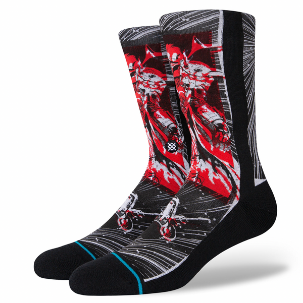 a pair of black socks with a red and white Mandalorian and Baby Yoda 