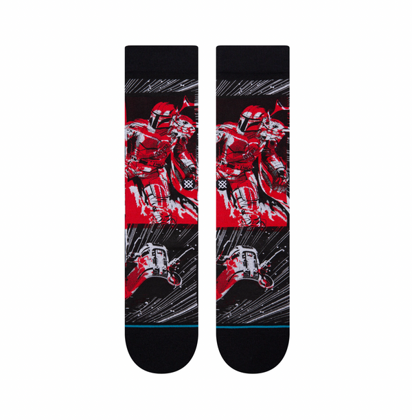 a pair of black socks with a red and white Mandalorian and Baby Yoda