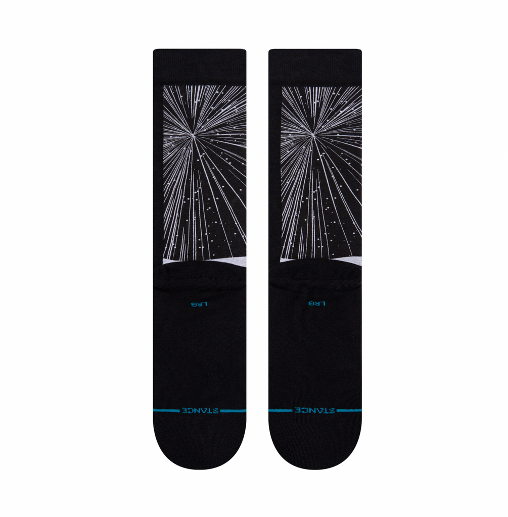 the back of black socks with a galaxy design