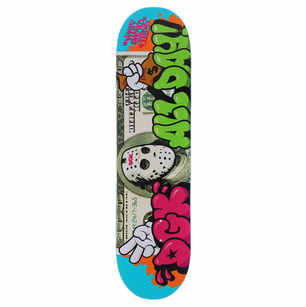 The DGK LOADED skateboard deck by DGK showcases vibrant graffiti text "All Day!" and "DGK," a striking hockey mask illustration over a dollar bill background, and colorful accents on an 8.25” blue and orange deck.