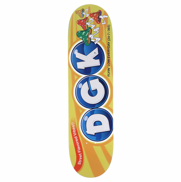 The DGK DROPS skateboard deck by DGK features a vibrant yellow background decorated with large blue circles containing the letters "DGK," colorful cartoon mushrooms, and the catchy phrases "Flyin' Low Everyday" and "Street Flavored Vibes!!".