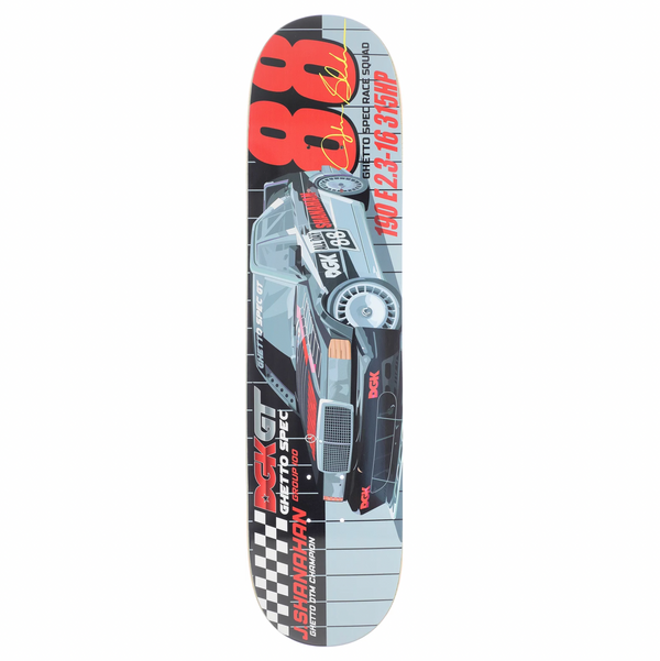 The DGK SHANAHAN GHETTO GT skateboard deck showcases a race car graphic with the number 88, branded logos, and text including a phone number. Designed in shades of grey, black, red, and white, this DGK piece captures urban street vibes with influences from Shanahan's signature style.