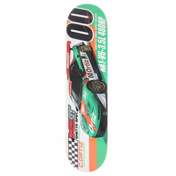 The DGK ORTIZ GHETTO GT skateboard deck features a green and black race car graphic, the text "C. Ortiz" and "00" on the upper side, and "MA1-06-35 L480HP" with a checked pattern near the bottom, all prominently showcasing DGK's bold GHETTO GT design.