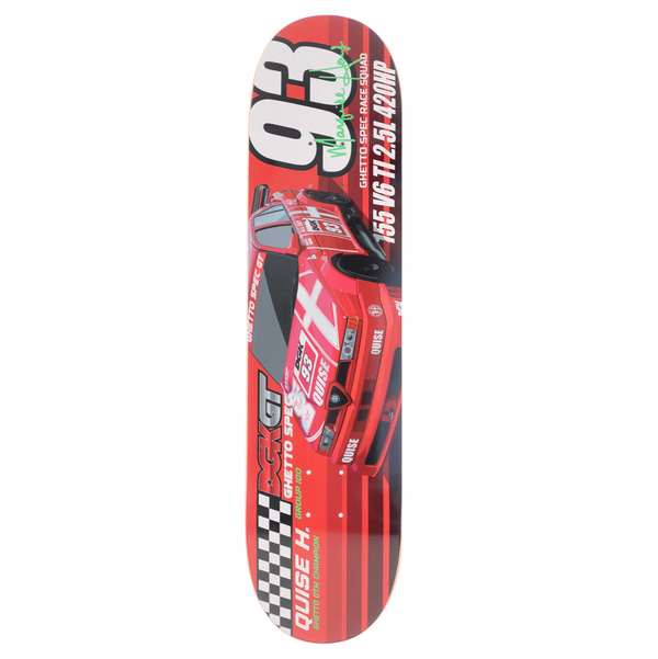 A DGK QUISE GHETTO GT skateboard deck featuring a graphic of a red car, racing numbers, and various texts. The design includes "93," "Get Into Speed Race Group," QUISE GHETTO GT, several sponsor logos, and measures 8.06 inches wide.