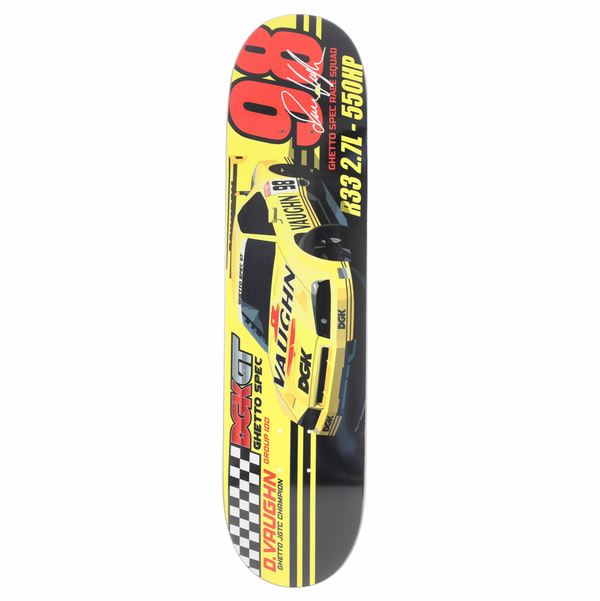 a DGK skateboard with a yellow race car on it.