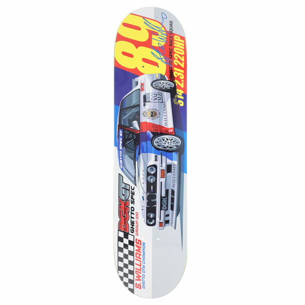 DGK's Williams Ghetto GT skateboard deck features a dynamic racing car graphic, complete with various logos and the number "80" in bold yellow typography. Labeled as "S. Mulligan's Pro Model," this 8.1 DGK deck prominently displays car specifications, delivering an edgy, high-octane aesthetic.
