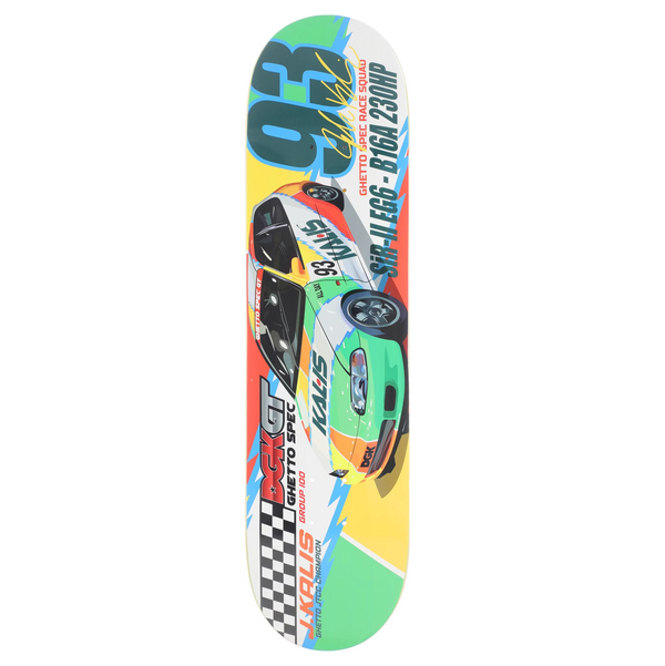 The DGK KALIS GHETTO GT skateboard deck showcases a vibrant race car design, prominently featuring the number 95 and various automotive details such as "SKYLINE GT-R," "230HP," and "RB26." This edition from DGK seamlessly blends street style with high-performance aesthetics.