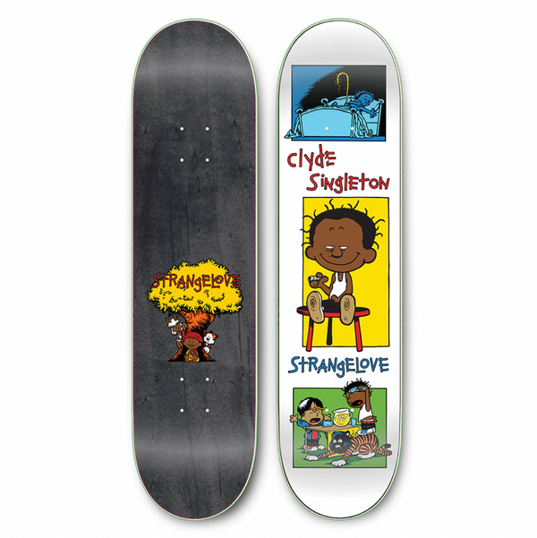 Two skateboard decks: the one on the left features a black background with a "Strangelove" tree design by Sean Cliver, while the one on the right showcases cartoon graphics and "STRANGE LOVE CLYDE SINGLETON *SIGNED" text from STRANGELOVE.