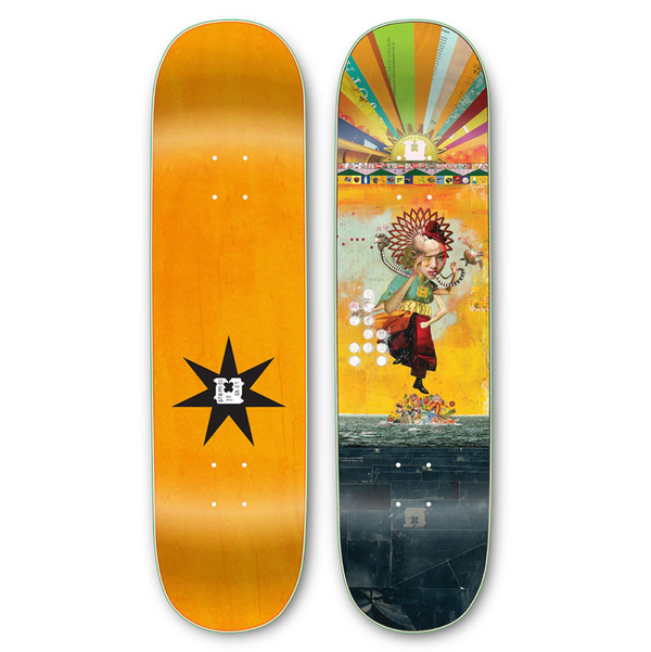 Two skateboard decks: the left one is plain orange with a black star logo, while the right one features colorful Dave Carnie artwork from STRANGELOVE's "STRANGE LOVE CARNIE GARBAGE PATCH KID," depicting a person in ornate attire with a sunburst effect in the background.