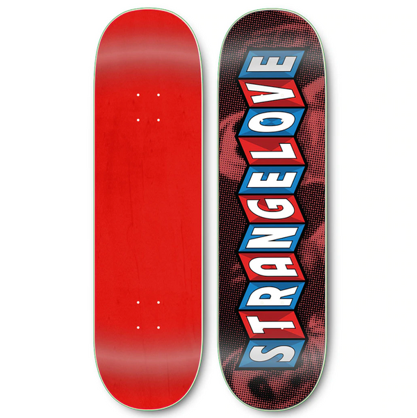 Two red skateboard decks side by side. The left deck is plain, while the right one features the text "STRANGELOVE" in bold letters with a design that evokes the STRANGE LOVE CAROUSEL LOGO RED theme from STRANGELOVE.