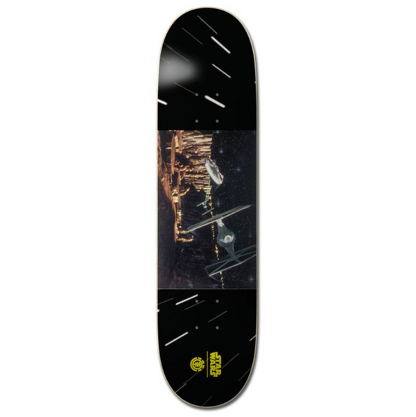 The ELEMENT X STAR WARS TIE FIGHTER skateboard deck by ELEMENT showcases a Star Wars space battle with TIE Fighters, the iconic logo, a black background, and white star-like streaks.