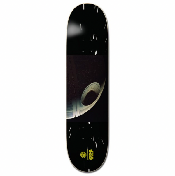 The ELEMENT X STAR WARS DEATH STAR skateboard deck by ELEMENT features the iconic Death Star in space, plus the classic Star Wars logo and ELEMENT branding at the bottom.