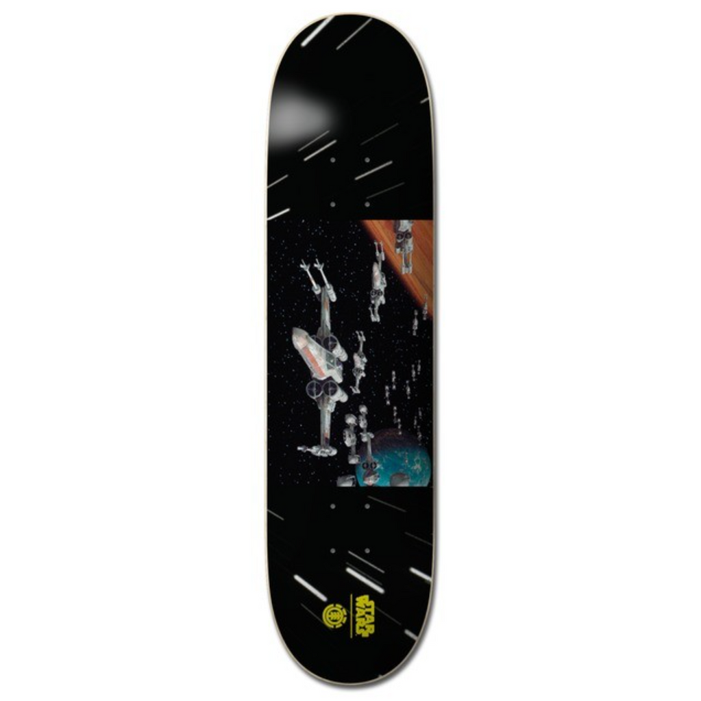 An ELEMENT skateboard with a picture of a man on it.