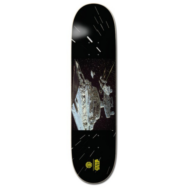 The ELEMENT X STAR WARS DESTROYER skateboard deck by ELEMENT showcases a Star Destroyer and Millennium Falcon in space, plus the Star Wars logo at the bottom.