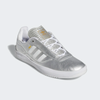 A pair of ADIDAS PUIG SILVER METALLIC / WHITE / SCARLET shoes with gold accents.